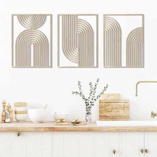 COLOR VALLEYART Set of 3 Modern Wood Wall Art Panels, Boho Geometric Design, 11.4 x 7 inches, Indoor Decor for Living Room, Office (11.8L''x15.7''Wx3Pcs)
