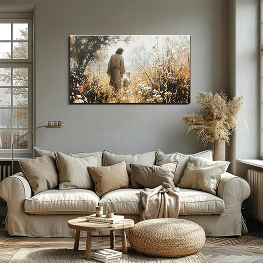1Pcs Vintage Framed Jesus Lamb Paintings Canvas Wall Art Shepherd Flock Paintings Christian Wall Decor Modern Pictures Religious Art Print for Living Room Bedroom Decoration24x36in