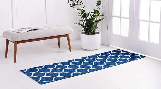 Unique Loom Trellis Frieze Collection Area Rug - Rounded (2' x 6' 1" Runner, Navy Blue/ Ivory)
