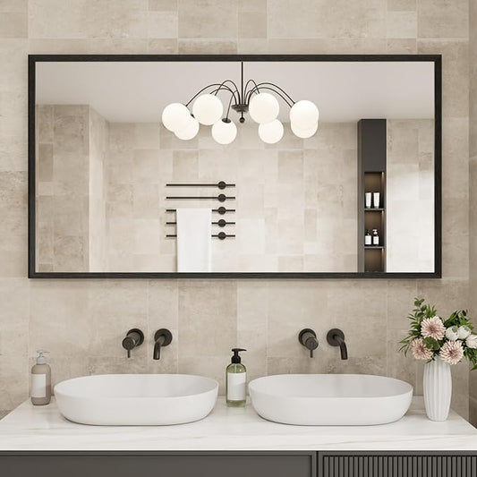 JISOSO Rectangle Bathroom Mirror 55x30 Inch, Matte Black Framed, 4MM Tempered Glass, Anti-Rust, Wall-Mount Vanity Mirror for Bathroom & Bedroom, Hangs Horizontally or Vertically