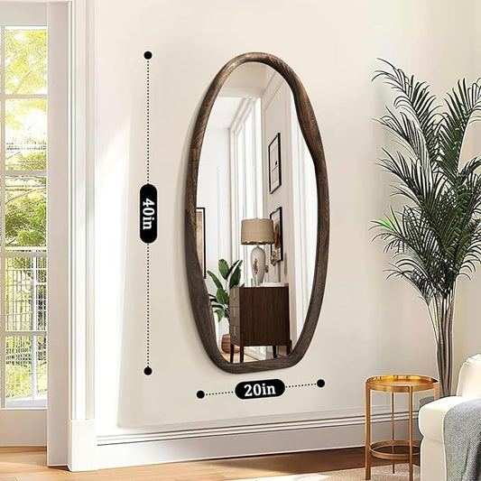 JJUUYOU Irregular Wall Mirror Asymmetrical Bathroom Mirrors for Wall 40"X20" Large Wood Framed Hanging Mirror for Living Room Bathroom Entryway Bedroom Horizontal or Vertical Dark Brown