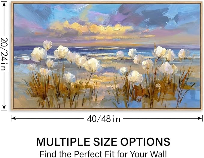 BQVCT Coastal Beach Scene Canvas Wall Art 20x40 Inch with Frame White Flowers and Ocean Sunset Painting Nautical Nature Decor for Living Room Bedroom Office