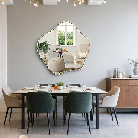 Gold Irregular Shaped Mirror, 35" Asymmetrical Mirrors for Wall, Large Scalloped Mirror Decorative, Modern Wavy Round Mirrors for Living Room Bathroom Bedroom Hallway Entryway Fireplace