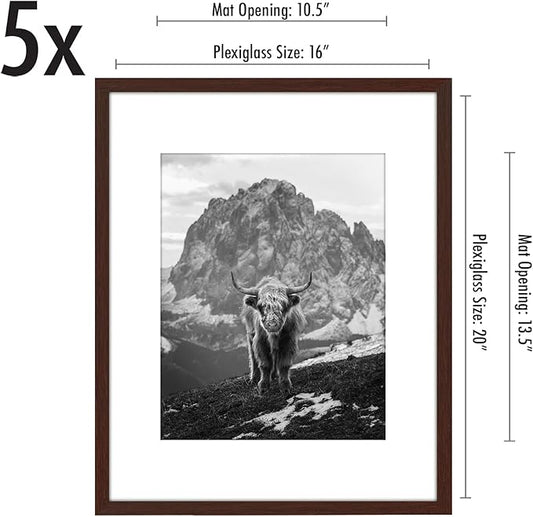 Americanflat 16x20 Picture Frame with Polished Plexiglass - Set of 5 - Use as 11x14 Frame with Mat or Display 16x20 Photo Without Mat - Galleria Collection - Picture Frames for Wall Display - Mahogany