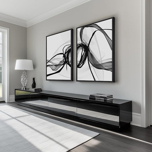 Large Framed Black and White Abstract Wall Art for Living Room, Set of 2 Modern Canvas Prints Paintings Artwork for Walls, Minimalist Lines Pictures for Dining Room Bedroom Office Wall Decor 24x36 In