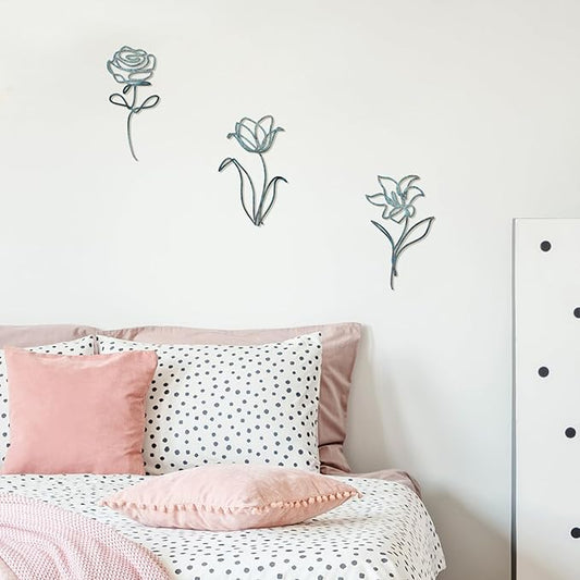 Oubasa Metal Flowers Wall Art Set of 3, Farmhouse Floral Home Decoration, Modern Line Art Flower Wall Decor for Living Room Bedroom Bathroom, Minimalist Botanical Wall Sculpture – Lily, Tulip, Rose