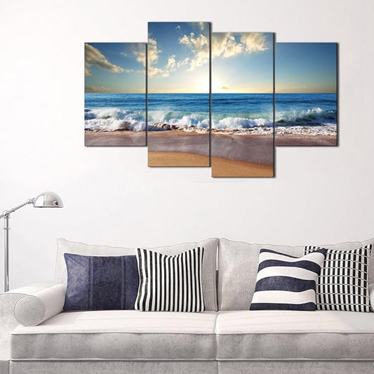 Yatsen Bridge Modern Landscape Painting on Canvas 4 Piece Beach Ocean Pictures Wall Art for Living Room Home Decor Wooden Framed Stretched Ready to Hang (48’’W x 36’’H)