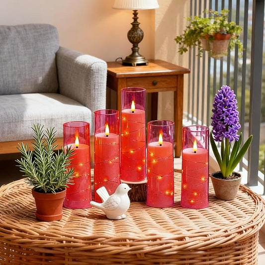 kakoya Flameless LED Candles with Timer 5 Pc Flickering Flameless Candles for Romantic Ambiance and Home Decoration Stable Acrylic Shell,with Embedded Star String,Battery Operated Candles(Pink)