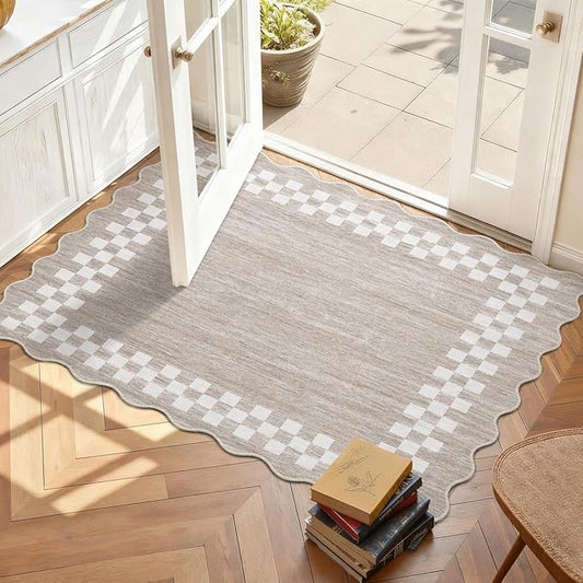Small Area Rug 2x3 Modern Checkered Entry Rug Solid Color Scalloped Kitchen Rugs Washable Bedroom Doormat Non Slip Stain Resistant Bordered Throw Carpet for Living Room Nursery Laundry, Fog