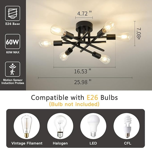 Semi Flush Mount Motion Sensor Ceiling Light Fixture,6 Lights Black Vintage Matte Sputnik Chandelier Ceiling Lamp with E26 Bulb Base for Farmhouse Dining Room Living Room Bedroom Study Kitchen