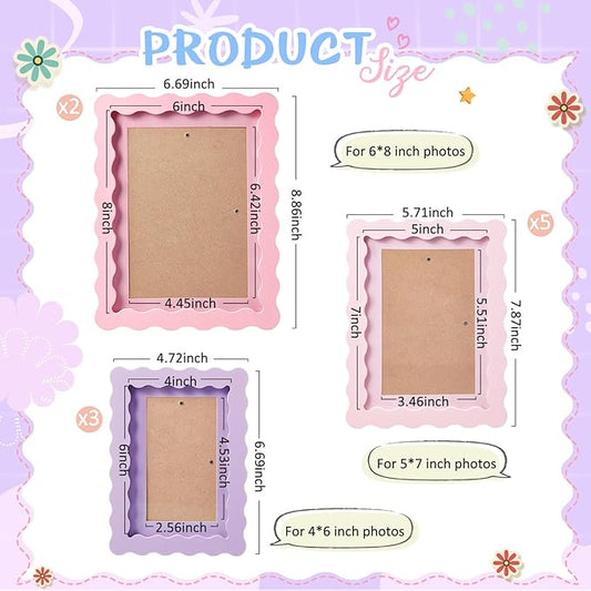Wonderjune 10 Pack Colorful Scalloped Picture Frames for Girl Room Decor, 3 Sizes 4x6 5x7 6x8, Collage Gallery Wall Frame Set, Cute Curved Picture Frames for Wall or Desktop Display, Photo Walls