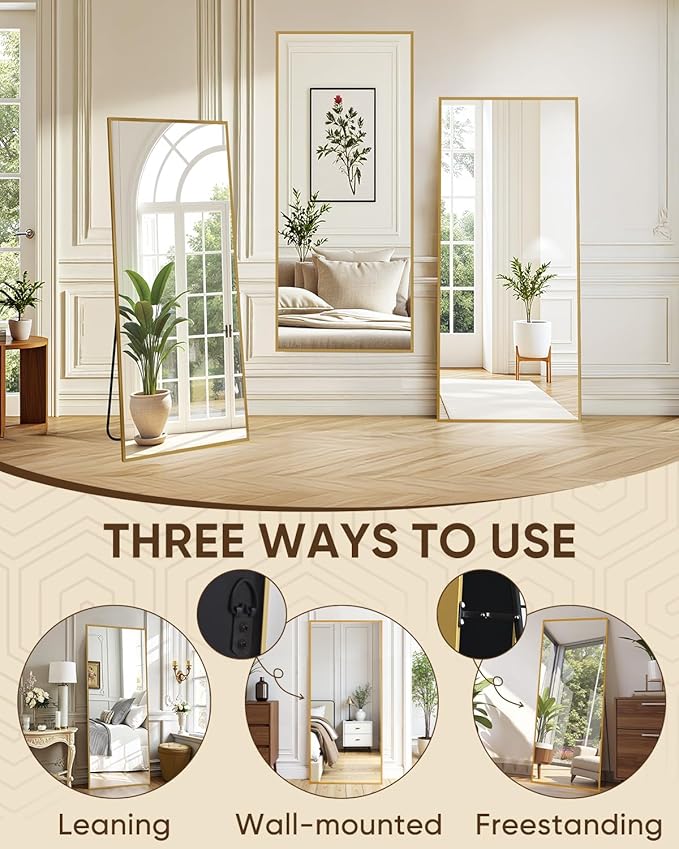 Antok Full Length Mirror, 56"x15" Floor Mirror, Floor Standing Freestanding Full Body Mirror with Stand for Bedroom, Hanging Mounted for Living Room Cloakroom, Gold
