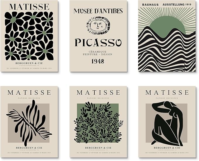 Habseligkeit Green Matisse Posters for Room,Minimalist Abstract Line Wall Poster, Retro Room Decor Aesthetic Vintage Prints for Wall Decor Unframed, 8x10in, Set of 6