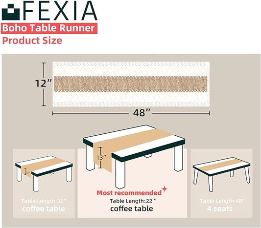 FEXIA Boho Table Runner for Thanksgiving Home Decor 48 Inches Long Farmhouse Rustic Table Runner Cream & Brown Macrame(Without Tassel) for Dining Bedroom Decor Rustic Bridal Shower (12x48 Inches)