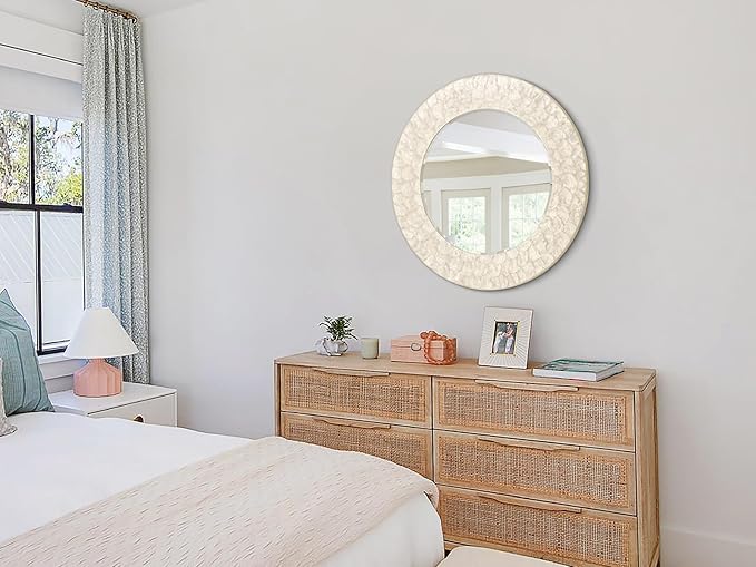Capiz Shell Round Mirror, 30'' Coastal Mirror with Natural Capiz Seashell Frame, Decorative Circle Wall Mirrors for Living Room Mantel Bathroom Entryway