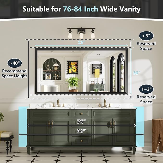 72x36 Inch Black Bathroom Mirror for Wall, Beveled Framed Rectangle Bathroom Vanity Mirrors for Over Sink, Bedroom, Living Room, Entryway, Anti-Rust, HD Tempered Glass, Horizontally/Vertically