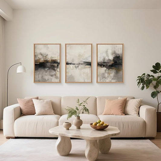 HOURIA Large Abstract Neutral Beige & Black Framed Canvas Wall Art Set,Modern Minimalist Brown Wall Decor,Textured Gray Tan Illustrations Artwork for Living Room, Bedroom, Farmhouse- 24"x36"x3