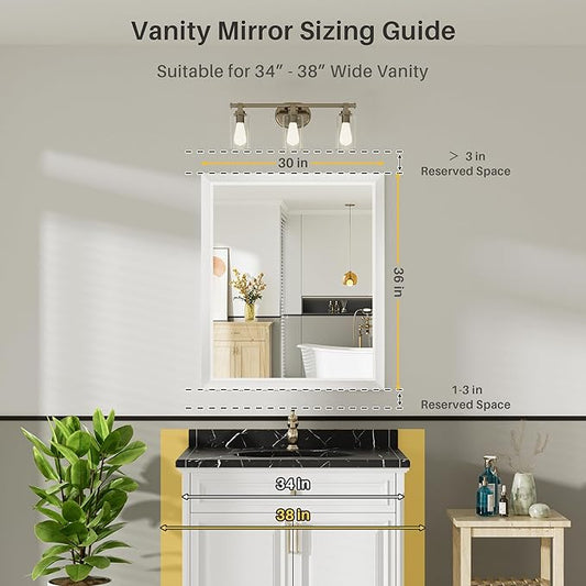 36x30 Inch White Bathroom Mirror for Wall, Thick Metal Framed Rectangle Mirrors for Over Sink, Bedroom, Living Room, Entryway, Anti-Rust, HD Tempered Glass