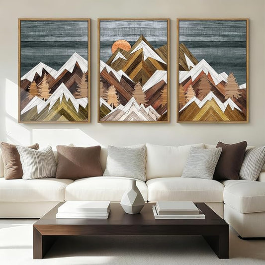 BINCUE Extra Large Mountain Wall Art Farmhouse Mountain Wall Decor Large Landscape Artwork 24x36 Inches Set of 3 Framed Rustic Painting Boho Mountains Artwork for Living Room Bedroom Office