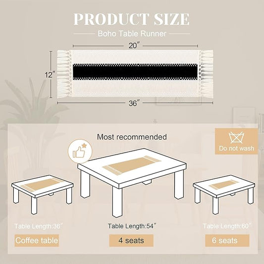 FEXIA Boho Table Runner for Summer Home Decor with Tassels 36 Inches Long Farmhouse Rustic Black Gothic Table Runner Macrame Gothic Burlap Table Decoration for Kitchen Living Room (12x36 Inches)
