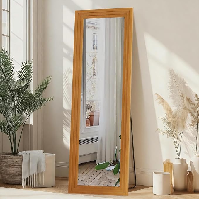 ZHUNFA Full Length Mirror,65x22 Inch Full Length Mirror Wall Mounted,Vertical Hanging,Leaning Standing for Bedroom,Living Room,Rectangular Wooden Frame,Walnut Color.
