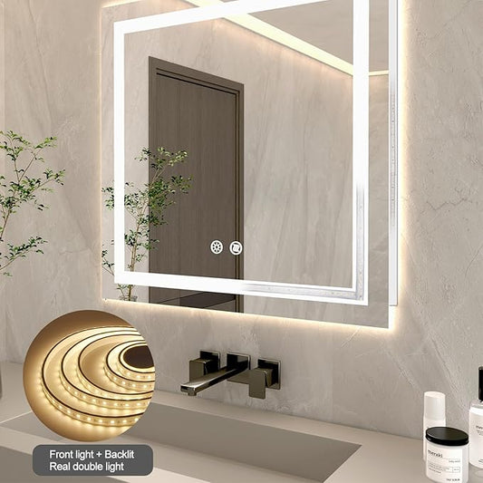 36 X 36 Inch Square LED Bathroom Vanity Mirror, 3 Colors Light Dimmable, Wall Mounted Memory Lighted Makeup Mirror with Anti-Fog Touch Switch (Front-lit&Backlit)