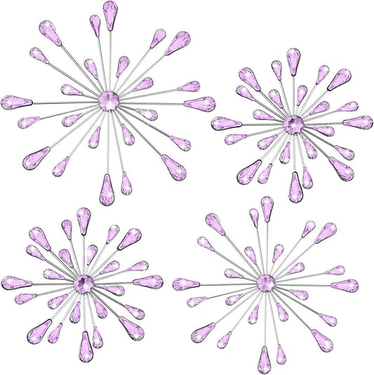 Hicarer 4 Pcs Starburst Wall Decor Bling Wall Art Crystal Teardrop 3D Hanging Rhinestone Radial Metal Artwork Modern Accent Sculptures Decorations for Living Room Home Office Bedroom(Purple)