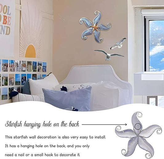 POXOHO Starfish Outdoor Wall Decor, 12" Hanging Metal & Glass Sculpture, Starfish Coastal Wall Hanging Decor for Garden Living Room Balcony(Purple)
