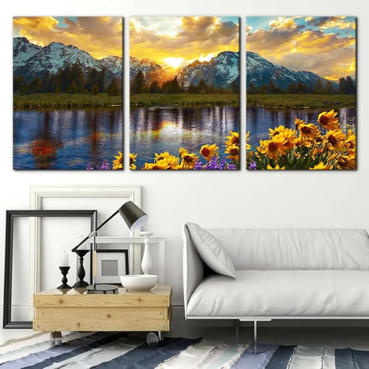 3 Pieces Mountain Canvas Wall Art for Living Room Nature Landscape Picture Sunflower Wall Decor for Bedroom Home Decoration Sunrise Grand Teton National Park Painting Framed Artwork - 20"x28"x3 Panels