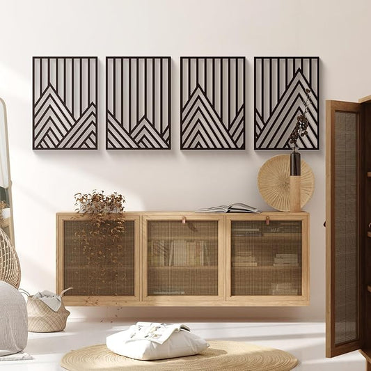 Glamativity 4 Pack Black Abstract Metal Wall Art, Minimalist Décor Single Line Art Wall Décor, 3D Textured Metal Wall Sculptures, for Living Room Bedroom Bathroom Study Room (Mountain Line, M Size 17 x 12'')