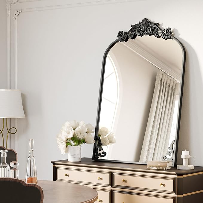 Koonmi Vintage Mirror, 24x36 Antique Barolon Bathroom Mirror for Wall,Flower Head, Shatter-Proof Tempered Glass, Arched Ornate Mirrors for Bedroom Bathroom Entryway Fireplace Hallway