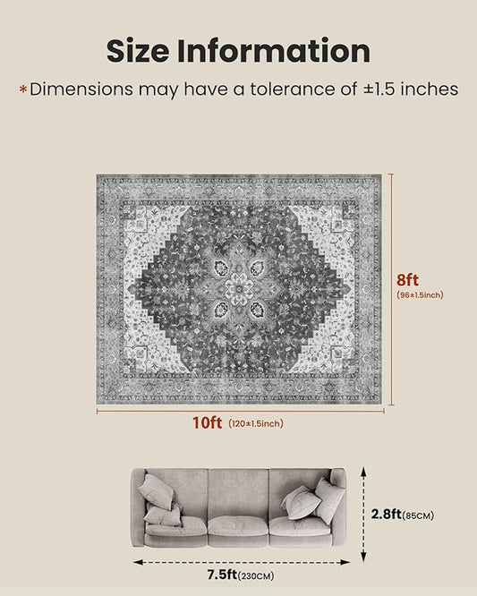 AMADA HOMEFURNISHING 8x10 Area Rugs, Low-Profile Large Washable Area Rug with Non-Slip Backing & Durable Edge Binding, Vintage Rugs for Living Room, Bedroom, Dinning Room