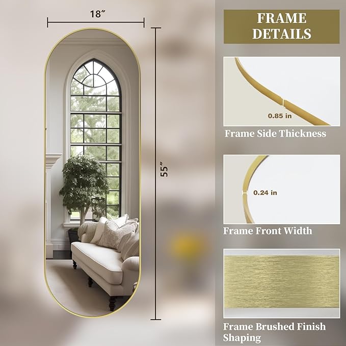 Oval Full Length Mirror, 55"×18" Wall-Mounted Mirror with Gold Frame in Shiny Gold, Ultra-Clear Explosion-Proof Dressing Mirror, Simple & Classic Deco for Cloakroom/Bedroom/Living Room