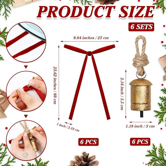 Suncalla 6 Pcs Rustic Gold Bells with 6 Pcs Burgundy Velvet Bows Mini Handmade Hanging Ornament Decorative Antique Bells Velvet Bows for Xmas Tree Crafts Door Wreath Decoration DIY Party Supplies