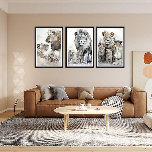 Wildlife Themed Framed Canvas Wall Art Set of 3 Lion Family Portrait Wall Decor for Country Apartment Living Room Bedroom Modern African Animal Artwork Decoration Easy to Hand 24x36inchx3pcs