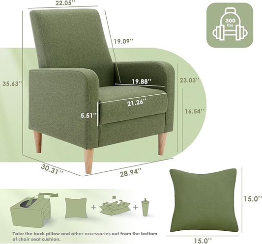 COLAMY Mid-Century Modern Upholstered Accent Chair with Back Pillow & Solid Wood Legs, Fabric Cozy Armchair for Living Room, Bedroom, Reading Nook, Apartment & Small Spaces, Green
