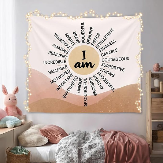 Soft Flannel Wall Tapestry – I Am Kind ,I Am Strong Inspirational Tapestry,Boho Wall Hanging Decor for Bedroom Living Room Kids Room Decor,Birthday Party Wall Art Decoration 59x51 inch (Colorful-You are kind) (Orange-I am)