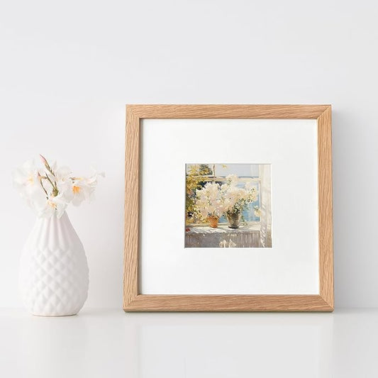 8x8 Picture Frame, Solid Oak Wood 8x8 photo Frame with Mat to 4x4(Openning Size is 3.5x3.5), Natural Oak 8x8 Picture Frames for Wall and Tabletop Display, Set of 1