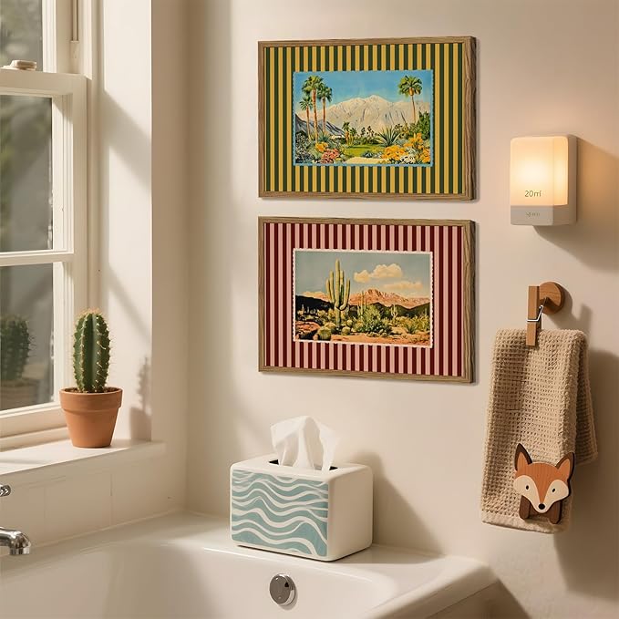 Framed Vintage Western Landscape Wall Art Set of 3, Striped Postcards Southwest Desert Cactus Pictures Wall Decor Paintings, Boho Plant Canvas Prints for Living Room Bedroom Office 16x24 inch