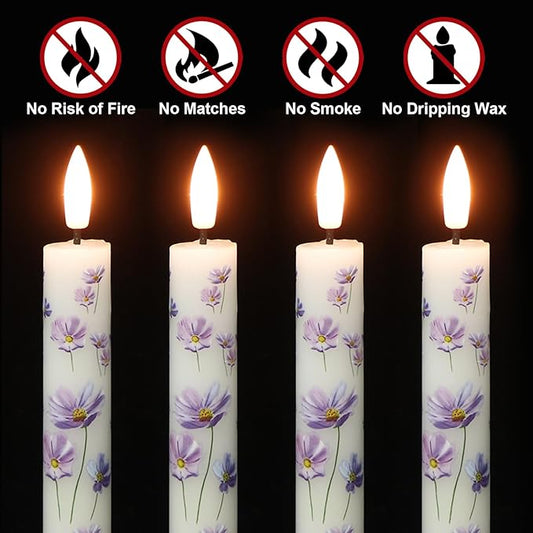 Flickering Flameless Taper Candles with Remote and Timer, 4 Pack Real Wax Battery Operated LED Taper Candles 3D Wick Purple Flower Decal Dinner Wedding Spring Home Decor(0.75" D x 9.65" H)