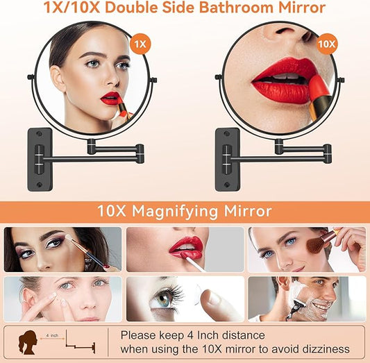 8” Makeup Mirror Wall Mounted, 1X/10X Double-Sided Wall Mount Magnifying Bathroom Mirror with Folding Extendable Arm, 360° Swivel Vanity Shaving Mirror for Bathroom and Makeup, Black (No Light