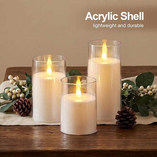 Amagic Led Flameless Candles with Remote and Timer,White Realistic Flickering Battery Operated Acrylic Pillar Fake Candles for Home Wedding Party Decor,Set of 9, D3×H4 4" 4" 5" 5" 5" 6" 6" 6"
