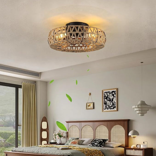 20 Inch Boho Caged Bladeless Ceiling Fan with Light,Flush Mount Rattan Fandelier Ceiling Fans Lights and Remote Contro,Enclosed 6 Speeds Low Profile Farmhouse Fan Light for Bedroom,Kitchen,Living Room
