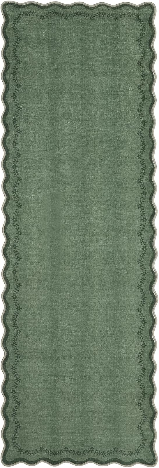 GarveeHome 2x6 Scalloped Washable Runner Rug for Kitchen, Soft Green Hallway Runner Non Slip Entryway Rug Farmhouse Thin Laundry Mat Stain Resistant Carpet for Bedroom Bathroom Beside Rug