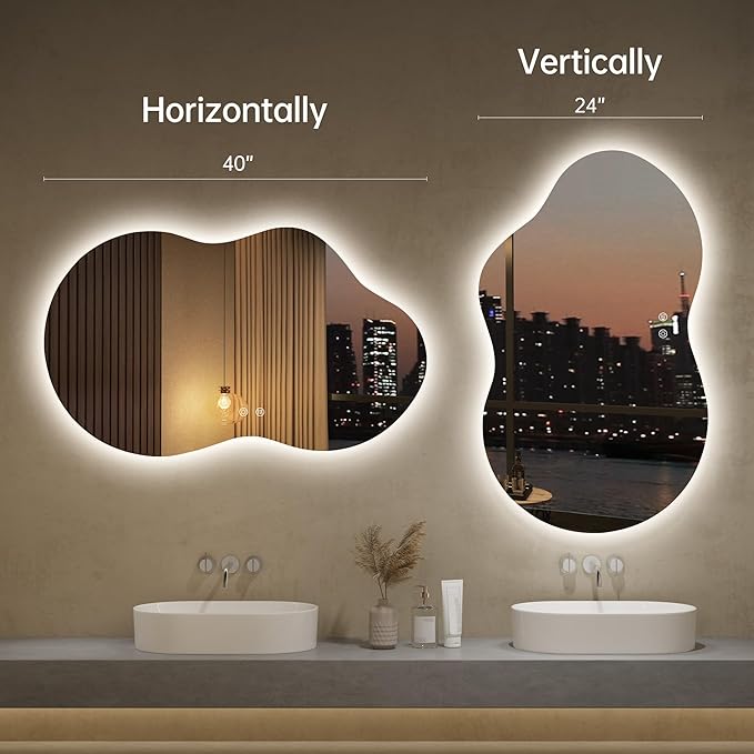 LOVESPEJO Irregular Backlit Mirror Bathroom 40x24 Inch, Asymmetrical Cloud LED Bathroom Mirror with Lights, Fogless, Dimmable, 3 Color Changing, Shatterproof,Horizontal/Vertical