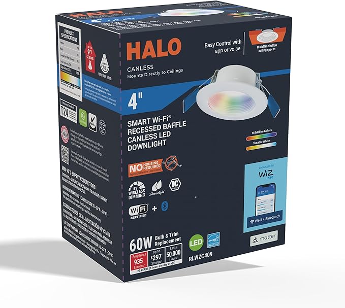 HALO 4 inch Smart Wi-Fi Recessed Canless LED Downlight 4-Pack, Connected by WiZ Pro with SpaceSense Motion Detection, Tunable White, 16M+ Colors WiZ App Control, Wet Rated, Dimmable - RLWZC409-4PK