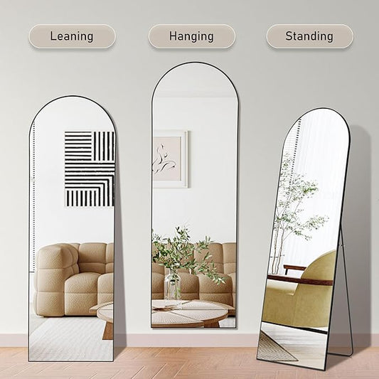 OLIXIS Arched Full Length Mirror for Bedroom, 56"x15" Full Body Mirror with Stand, Hanging or Leaning for Wall, Aluminum Alloy Thin Frame Floor Standing for Living Room, Long, Black