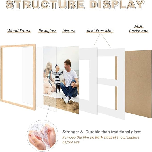 11x14 OAK Natural Wood Photo Frame,Picture Frames with mat 8x10 or 2 mat 5x7,Plexi Glass front Wall Hanging Gallery for Wall and Tabletop Display,set of 6