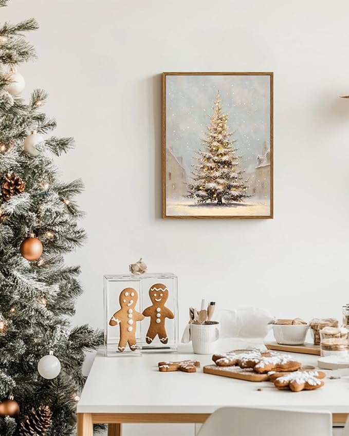 VIYYIEA Framed Canvas Christmas Tree Wall Art Pictures Home Decor Village Canvas Prints, Vintage Christmas Decorations Indoor Painting Picture, Wall Decor Gifts for Friends or Family - 16L x 12W