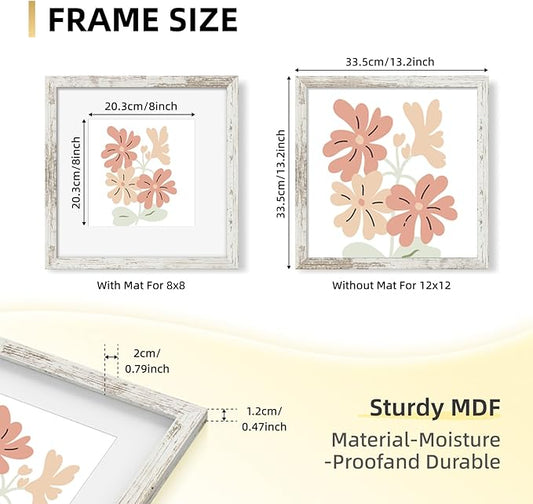 YESKAY 12x12 Picture Frame Set of 9, Photo Gallery Wall Frame Set, Display Pictures 8x8 with Mat or 12 x 12 Without Mat, Square Frame Picture Frames Collage Wall Decor, Distressed White
